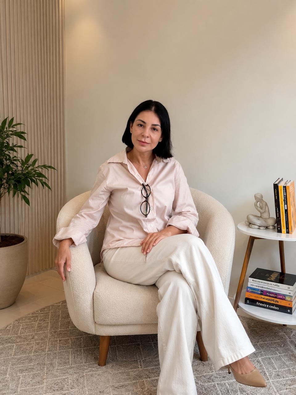 Débora Vieira Carpes em consultório iluminado por luz natural